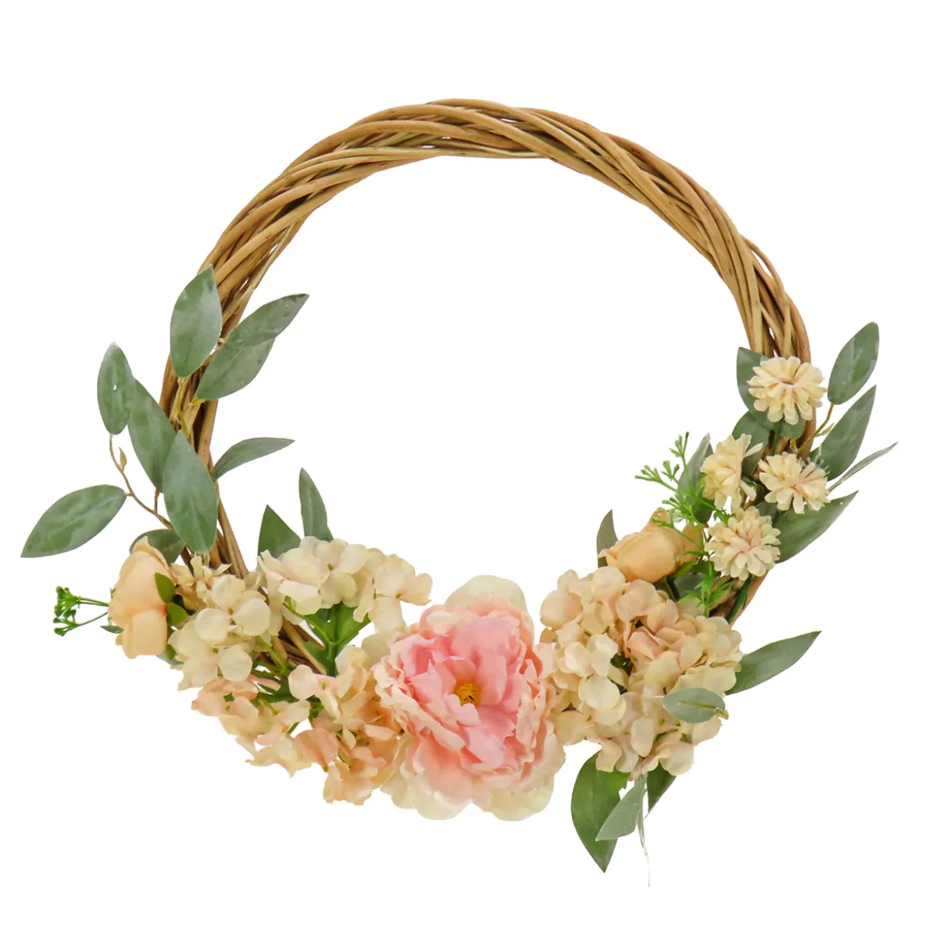 19 in. Spring Hoop Wreath with Wild Rose and Peony Flowers
