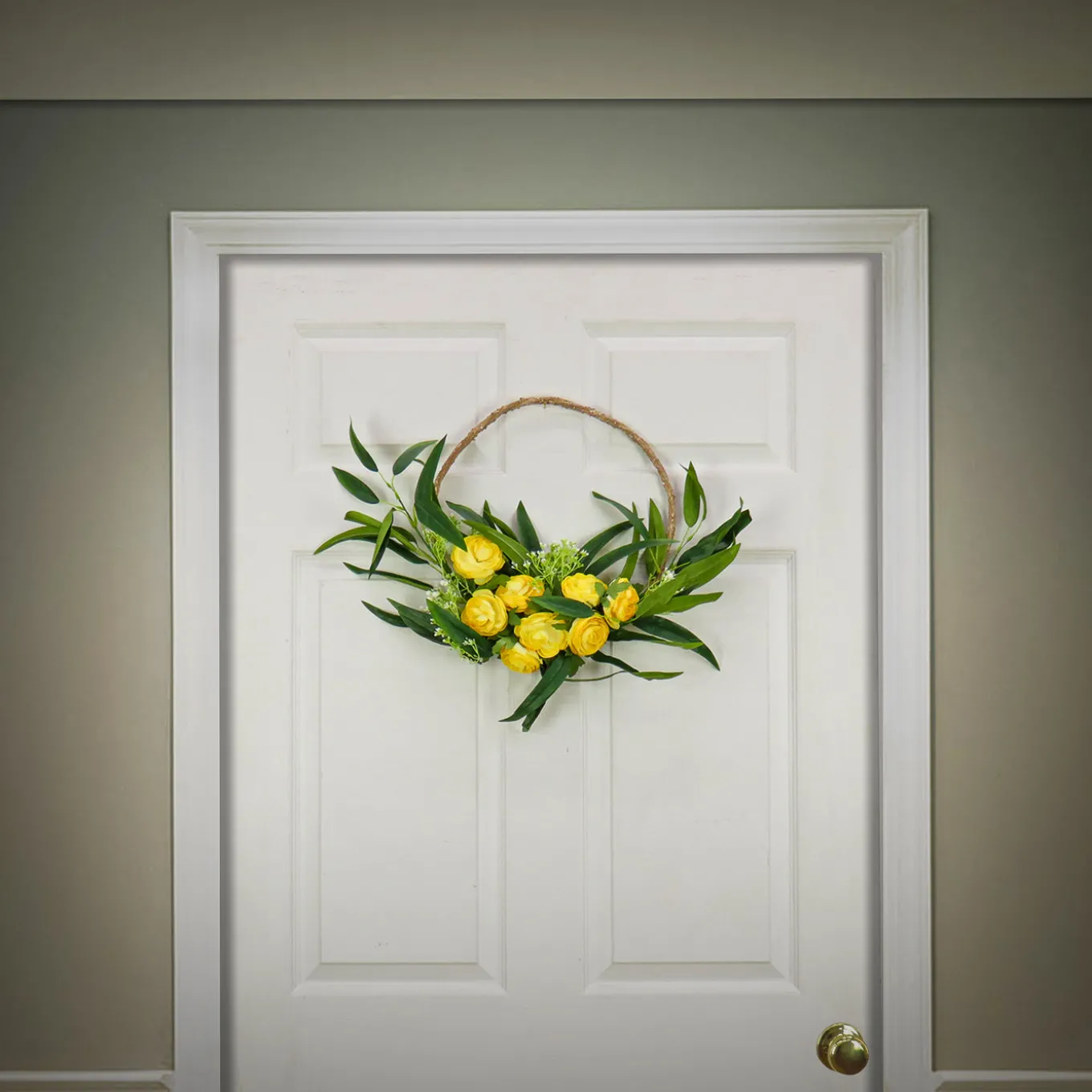 16 in. Spring Hoop Wreath with Buttercup Blooms, Baby’s Breath, and Flowing Green Stems