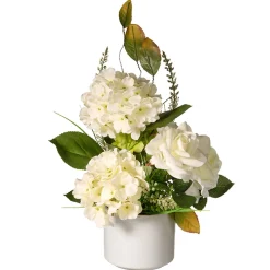 9 in. Spring Hydrangea Blooms Flower Potted in a White Pot Base