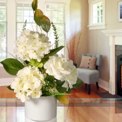 9 in. Spring Hydrangea Blooms Flower Potted in a White Pot Base