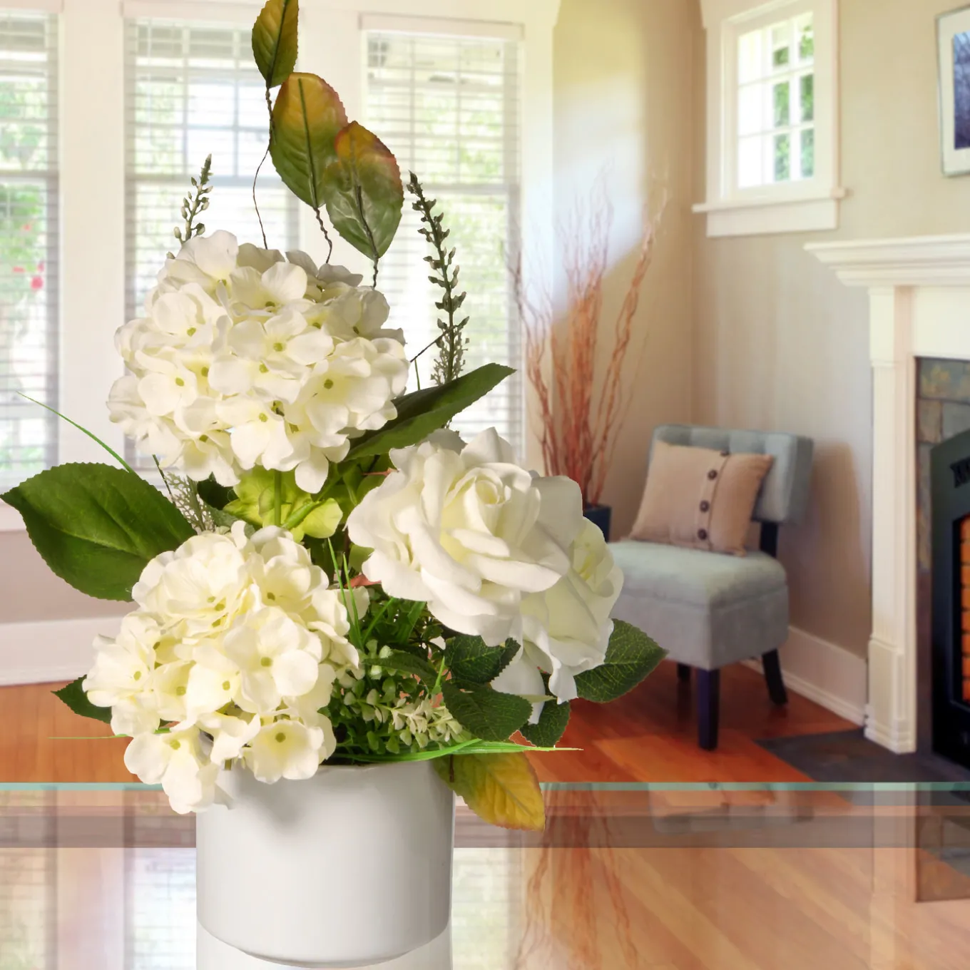 9 in. Spring Hydrangea Blooms Flower Potted in a White Pot Base