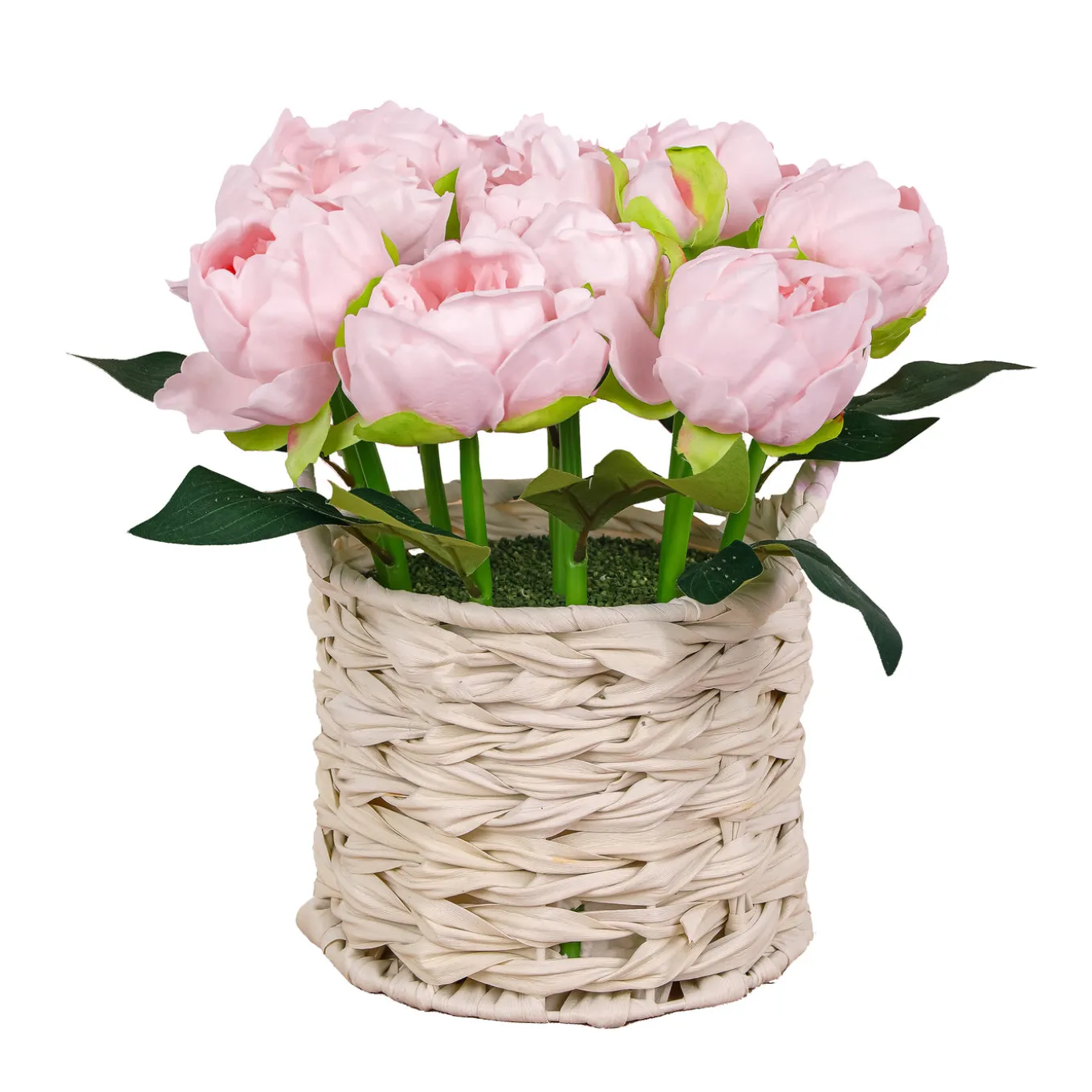 10 in. Spring Light Pink Peony Flower Bouquet in White Basket