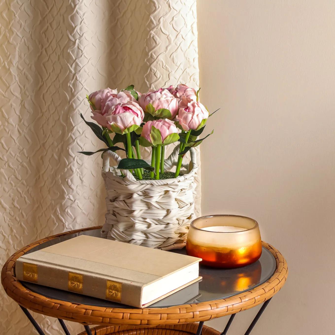 10 in. Spring Light Pink Peony Flower Bouquet in White Basket