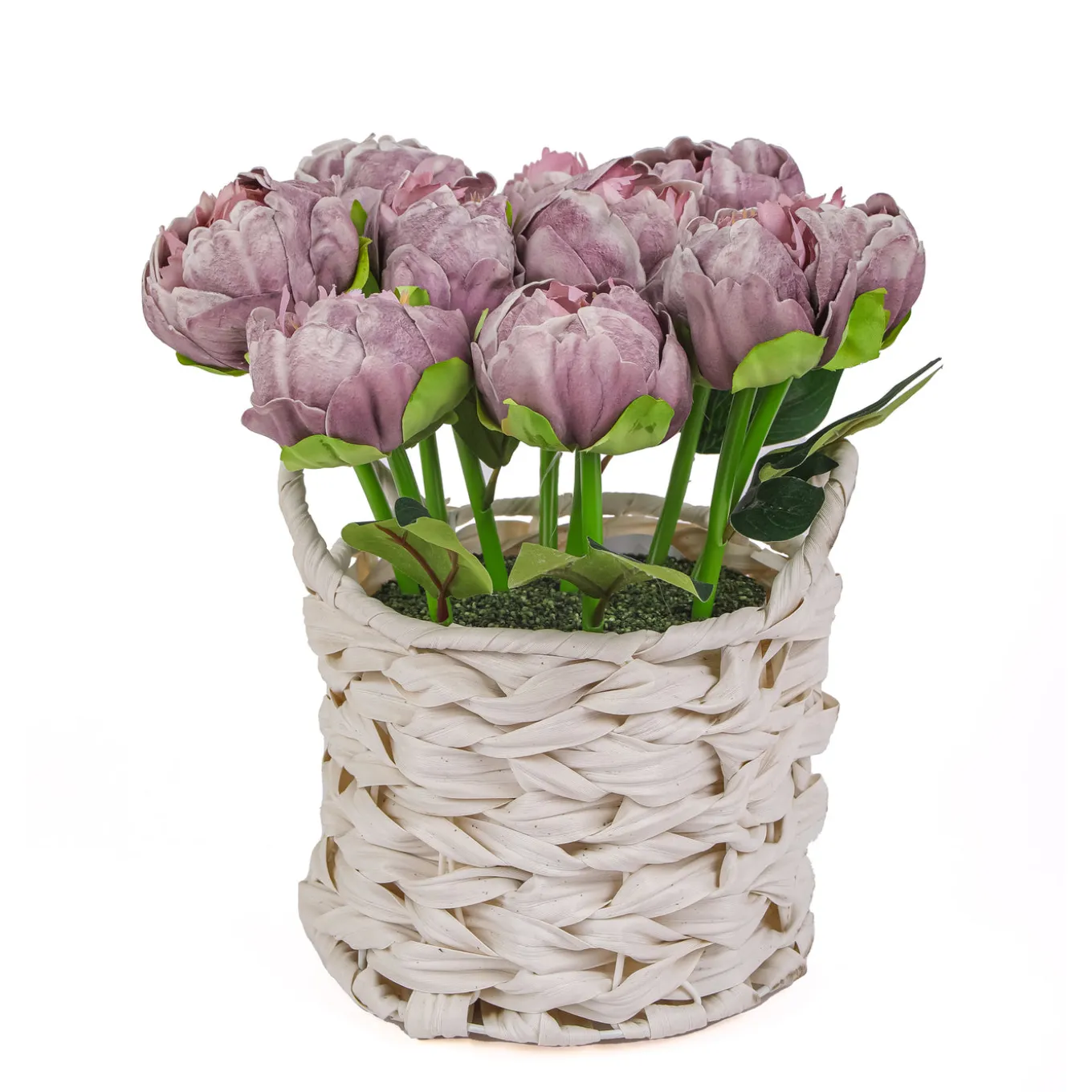 10 in. Spring Light Purple Peony Flower Bouquet in White Basket