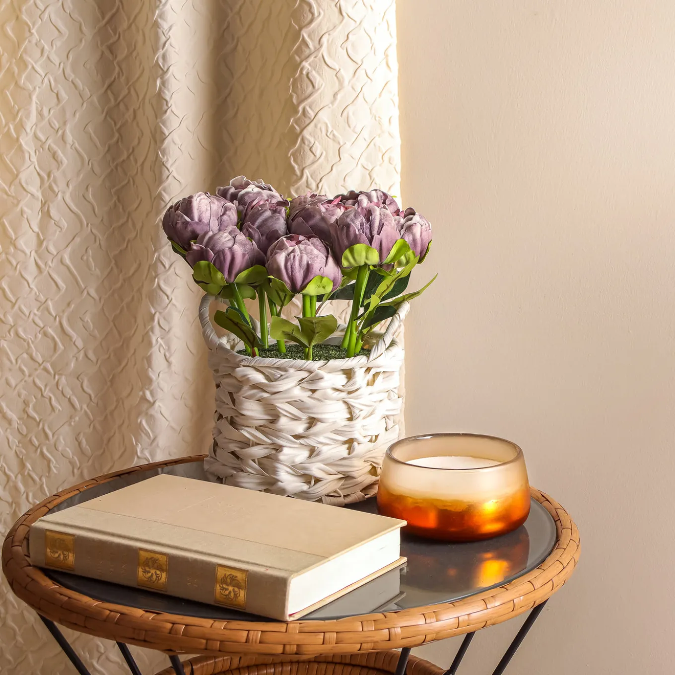 10 in. Spring Light Purple Peony Flower Bouquet in White Basket