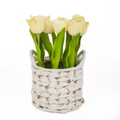 10 in. Spring Light Yellow Tulip Bouquet in White Basket