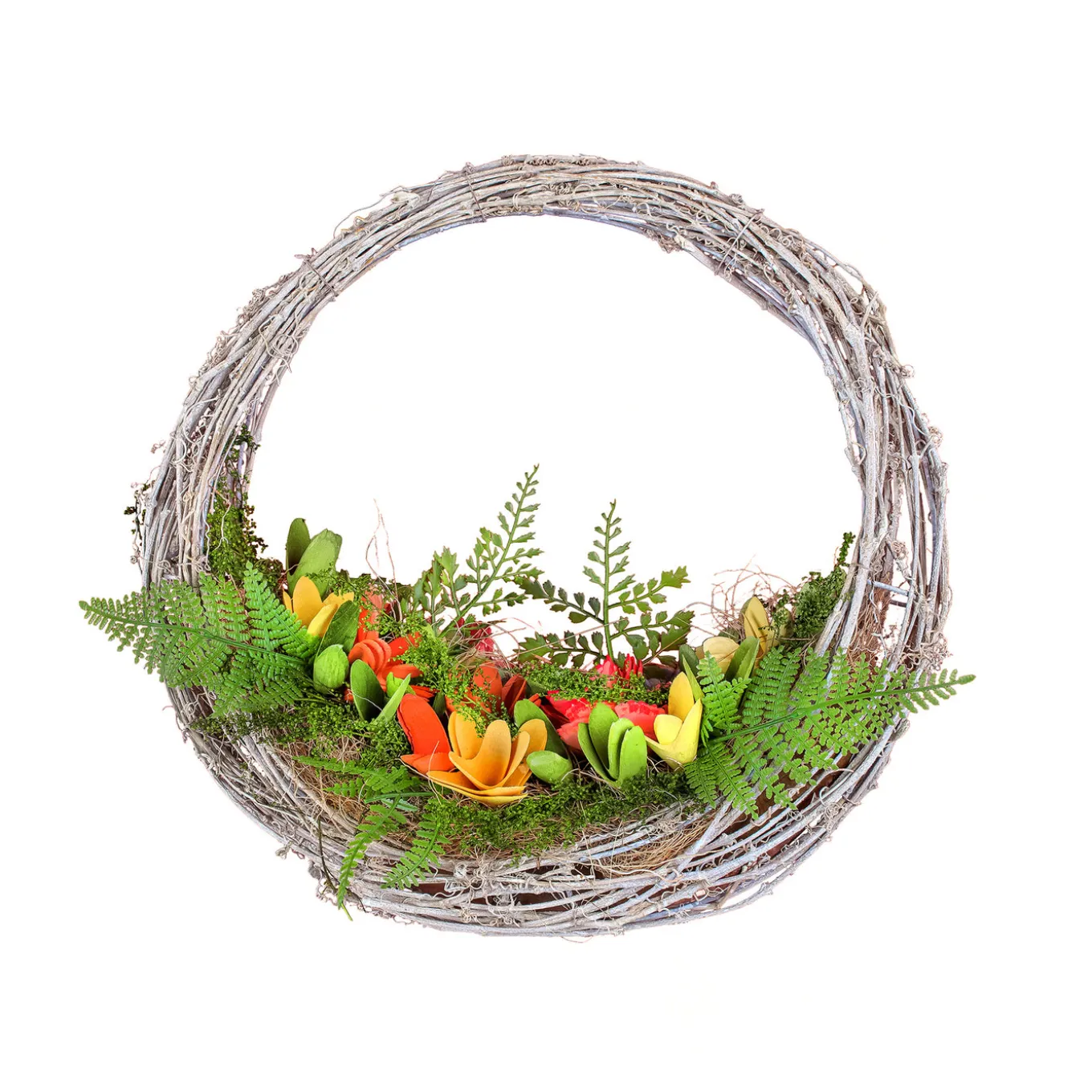 15 in. Spring Multi Floral Hammock Wreath with Multi Floral Colorful Wood Flowers and Mossy Greenery