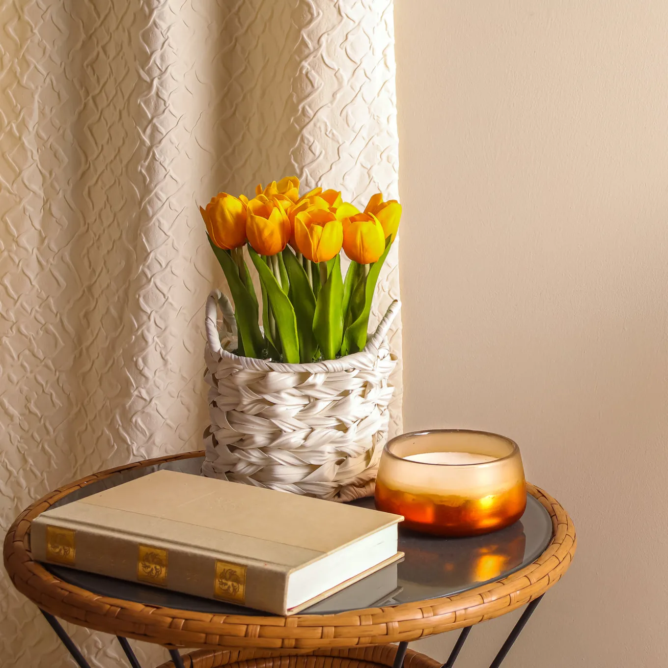 10 in. Spring Orange Tulip Bouquet in White Basket