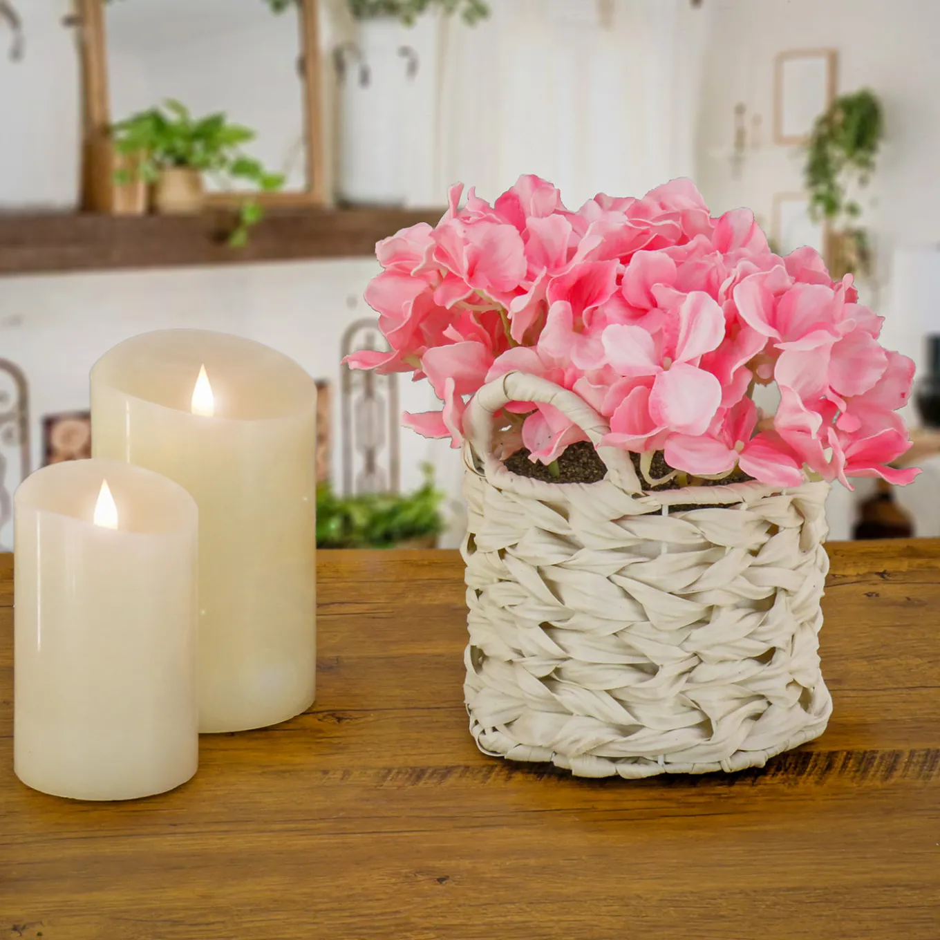10 in. Spring Pink Hydrangea Bouquet in White Basket