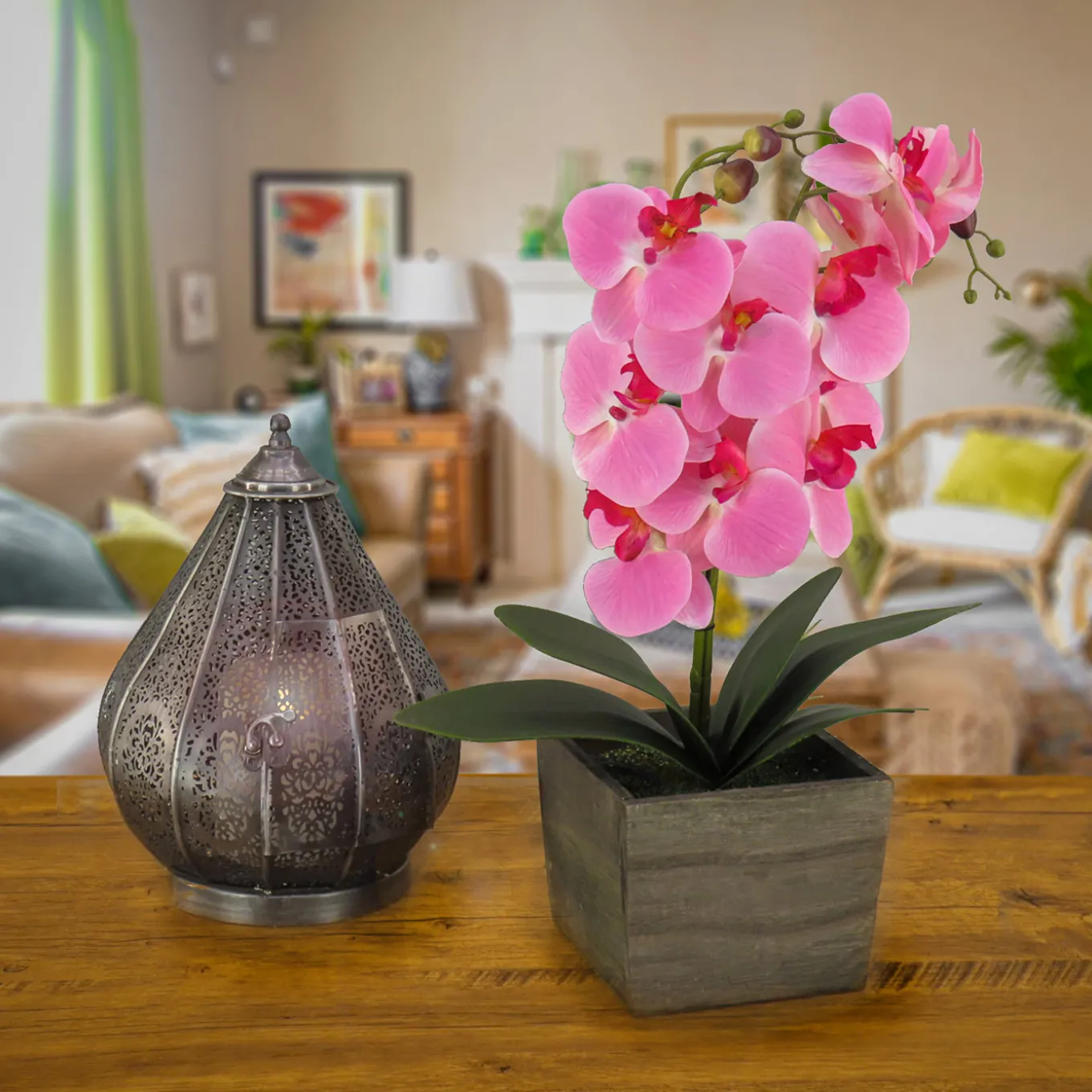 21 in. Spring Pink Orchid Flower in Wood Box