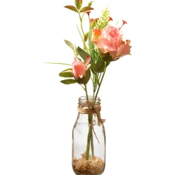 12 in. Spring Pink Roses Flower Bouquet in Glass Vase with Leafy Greens