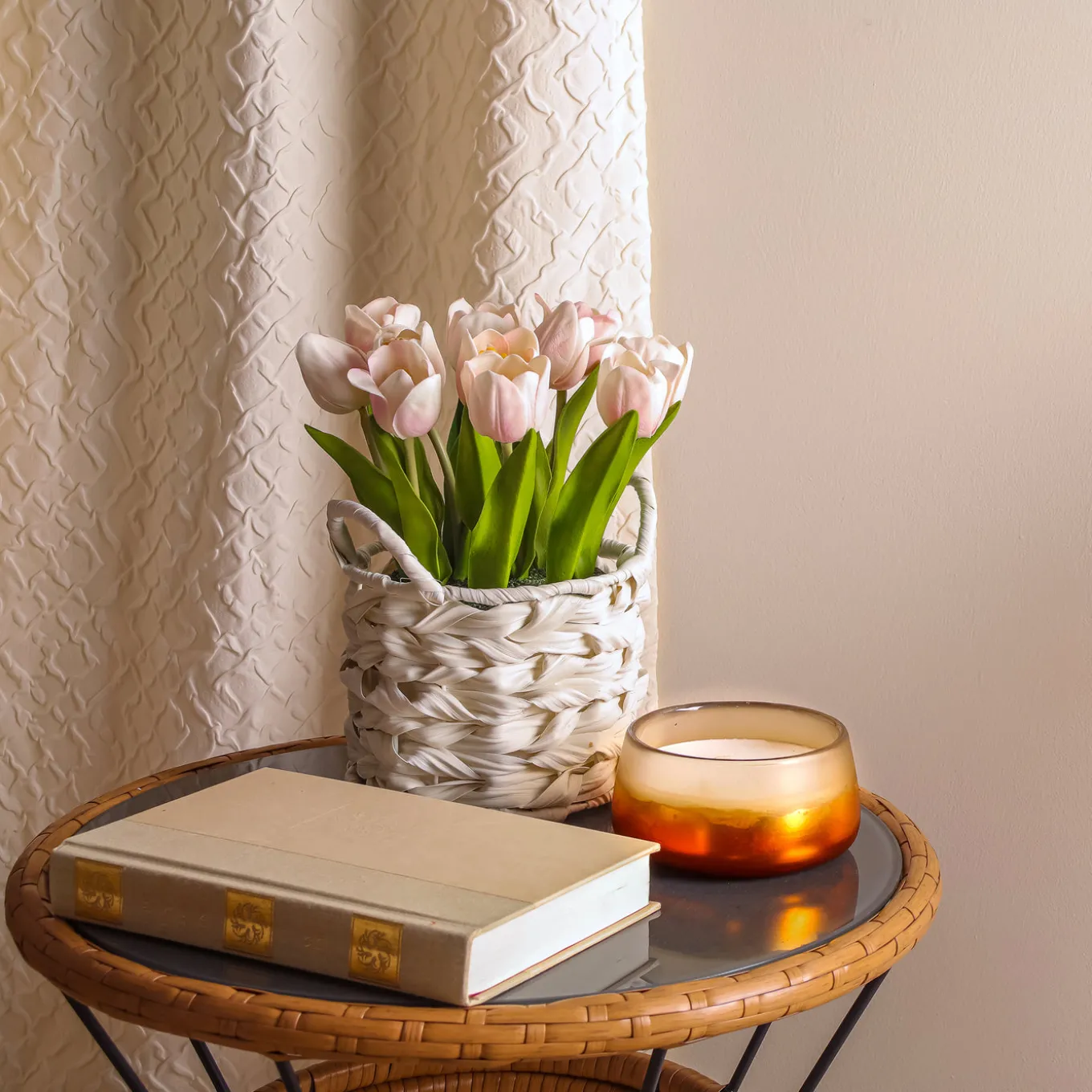 10 in. Spring Pink Tulip Bouquet in White Basket