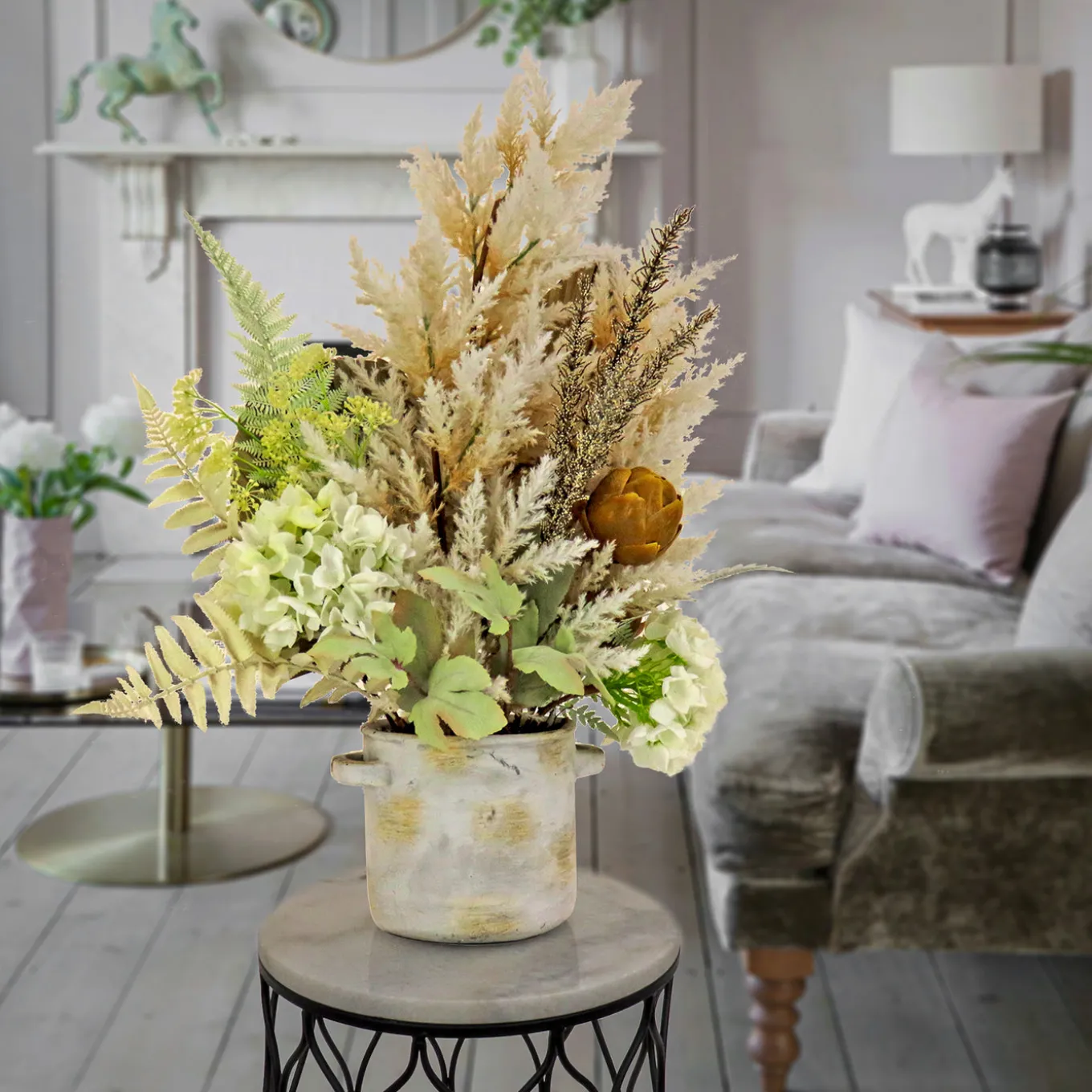 33 in. Spring Potted Plant Table Decoration with Hydrangea Blooms, Assorted Palms