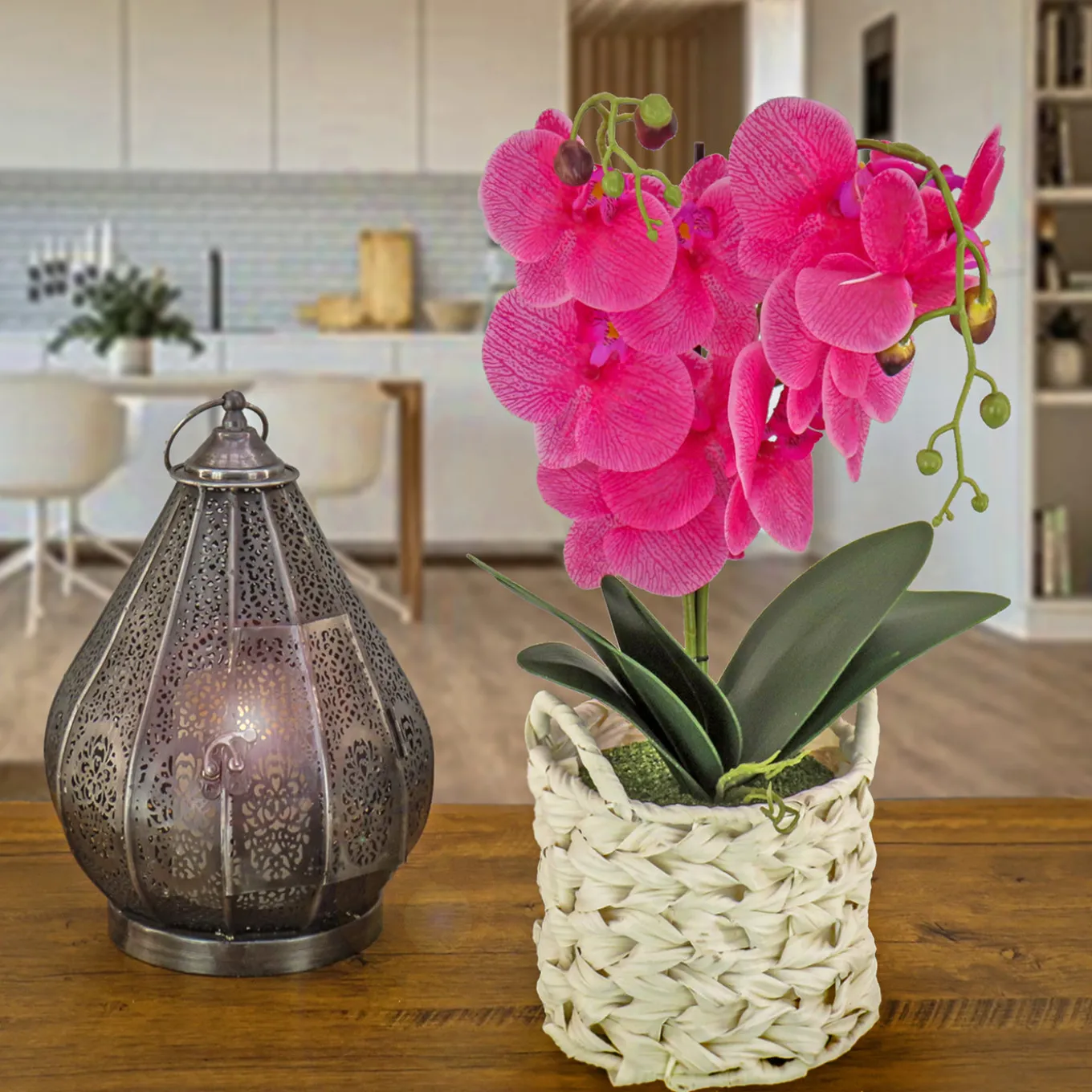 21 in. Spring Purple Orchid in White Basket