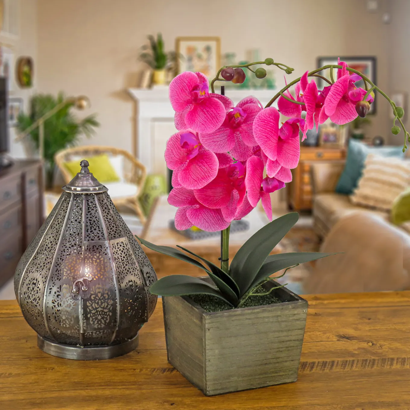 21 in. Spring Purple Orchid Flower in Wood Box