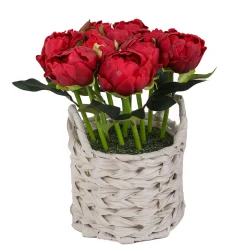 10 in. Spring Red Peony Flower Bouquet in White Basket