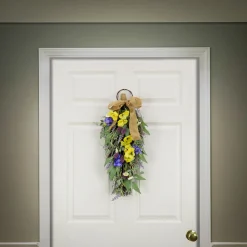 26 in. Spring Teardrop Wall Hanging Decoration with Pansy Blooms, Lavender, Assorted Blossoms, Flowing Green Stems