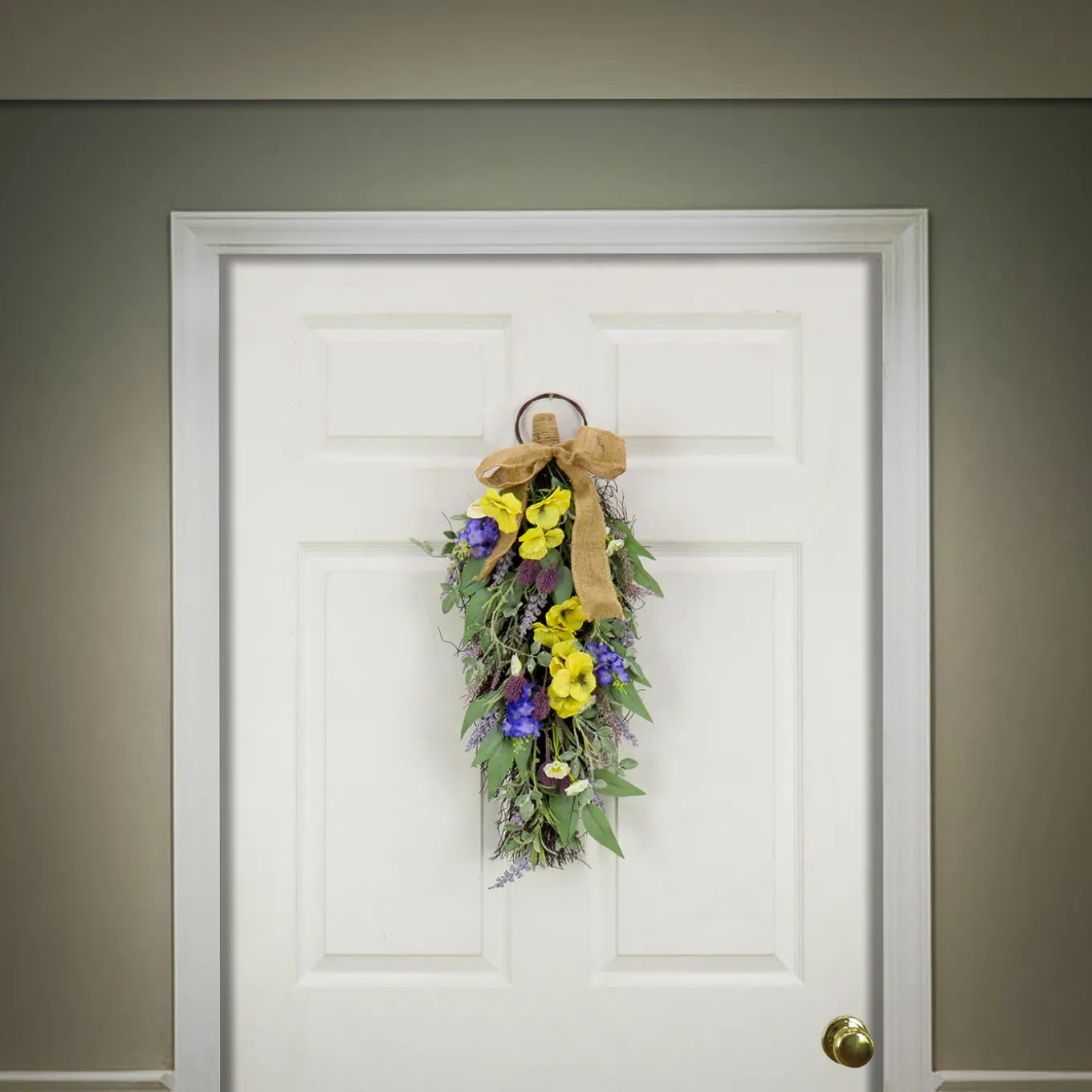 26 in. Spring Teardrop Wall Hanging Decoration with Pansy Blooms, Lavender, Assorted Blossoms, Flowing Green Stems