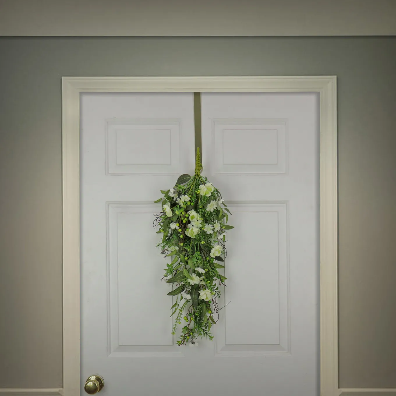 28 in. Spring Teardrop Wall Hanging Decoration with Flower Blooms, Berries, Leafy Greens