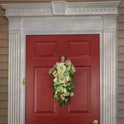 26 in. Spring Teardrop Wall Hanging Decoration with Tulip Blooms, Poppies, Buttercup Blossoms, Flowing Green Stems