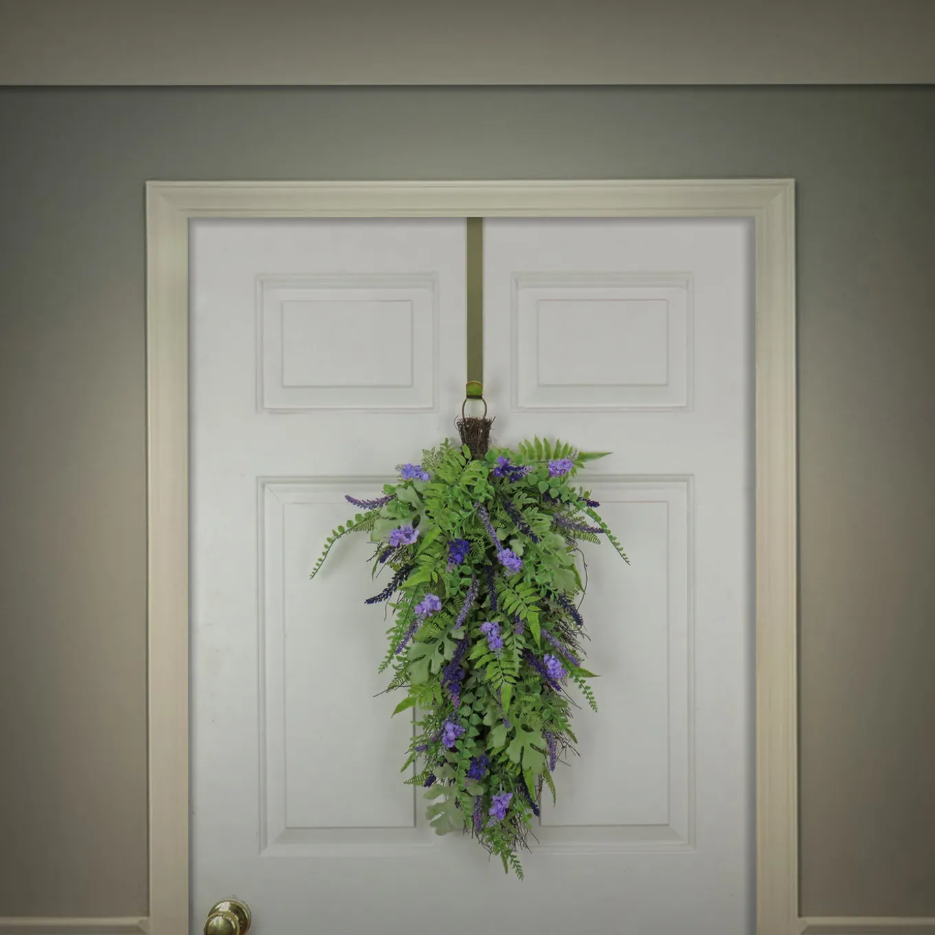 30 in. Spring Teardrop Wall Hanging Decoration with Astilbe Flower Blooms, Ferns, Leafy Greens