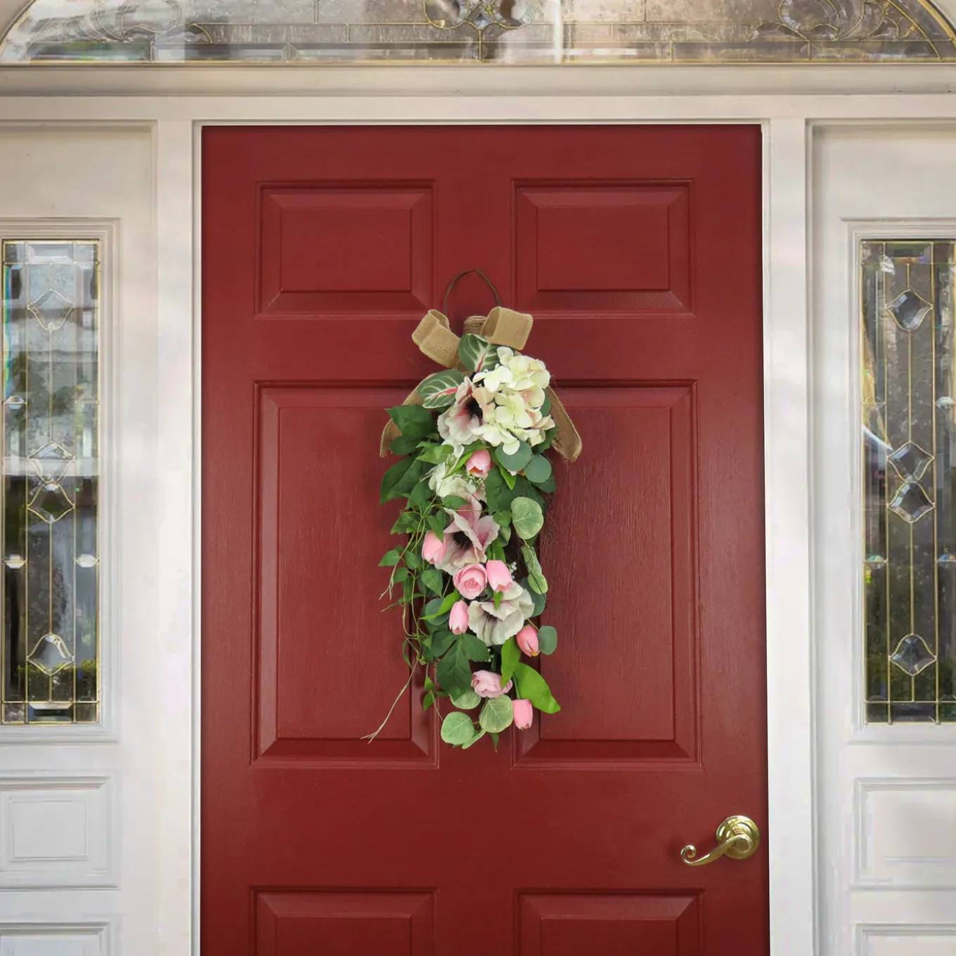 26 in. Spring Teardrop Wall Hanging Decoration with Hydrangea and Tulip Blooms, Eucalyptus Leaves, Flowing Green Stems