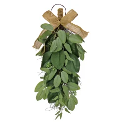 26 in. Spring Teardrop Wall Hanging Decoration with Eucalyptus Leaves, Magnolia Blooms, Flowing Green Stems