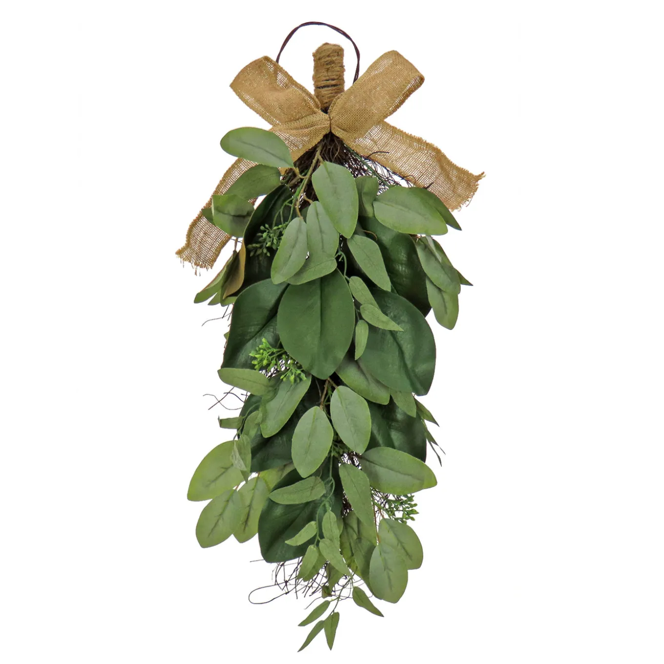 26 in. Spring Teardrop Wall Hanging Decoration with Eucalyptus Leaves, Magnolia Blooms, Flowing Green Stems