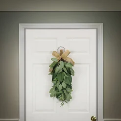 26 in. Spring Teardrop Wall Hanging Decoration with Eucalyptus Leaves, Magnolia Blooms, Flowing Green Stems