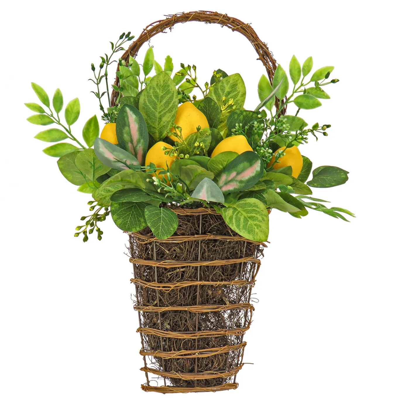 21 in. Spring Wall Hanging Basket with Lemons, Seed Pods, Leafy Greens