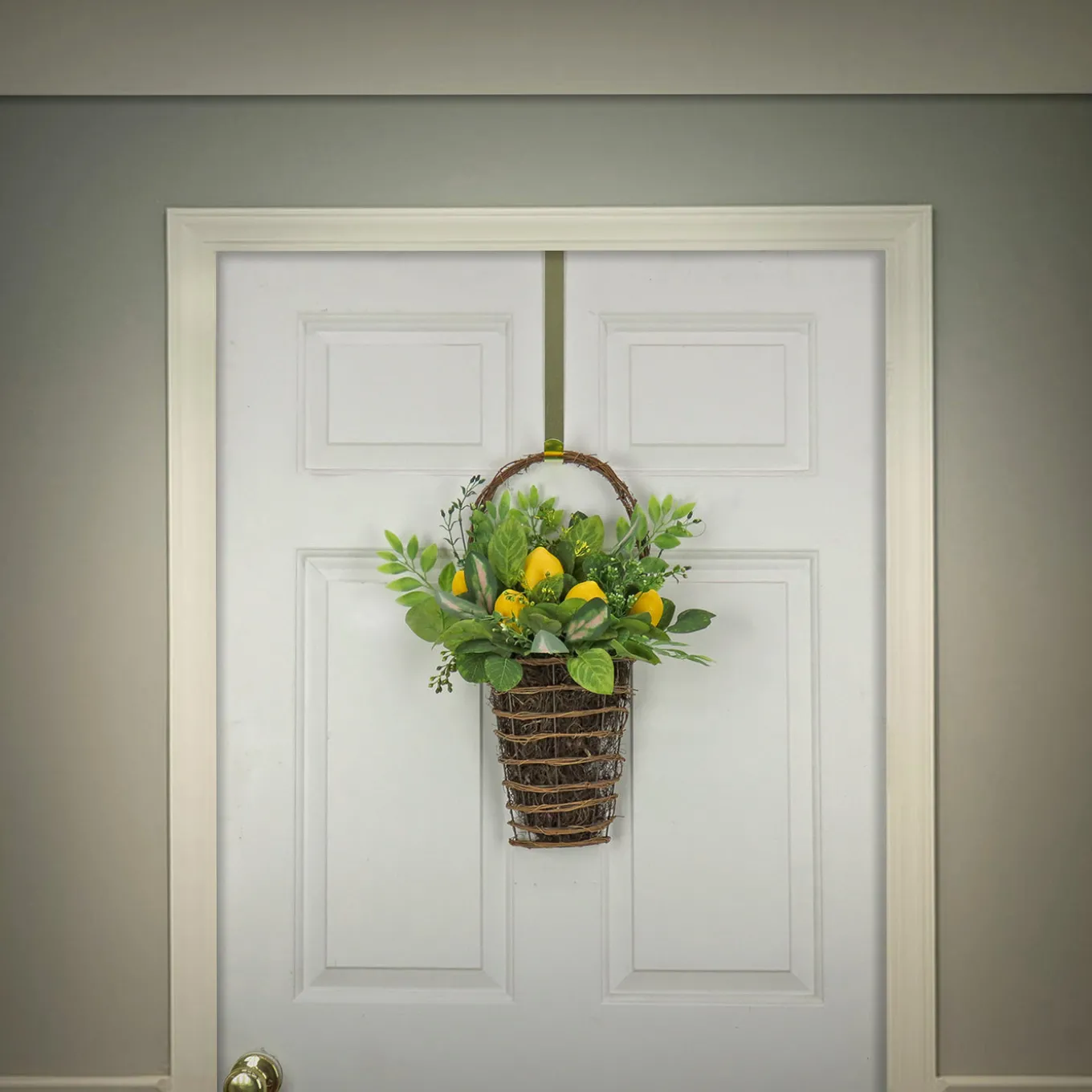 21 in. Spring Wall Hanging Basket with Lemons, Seed Pods, Leafy Greens