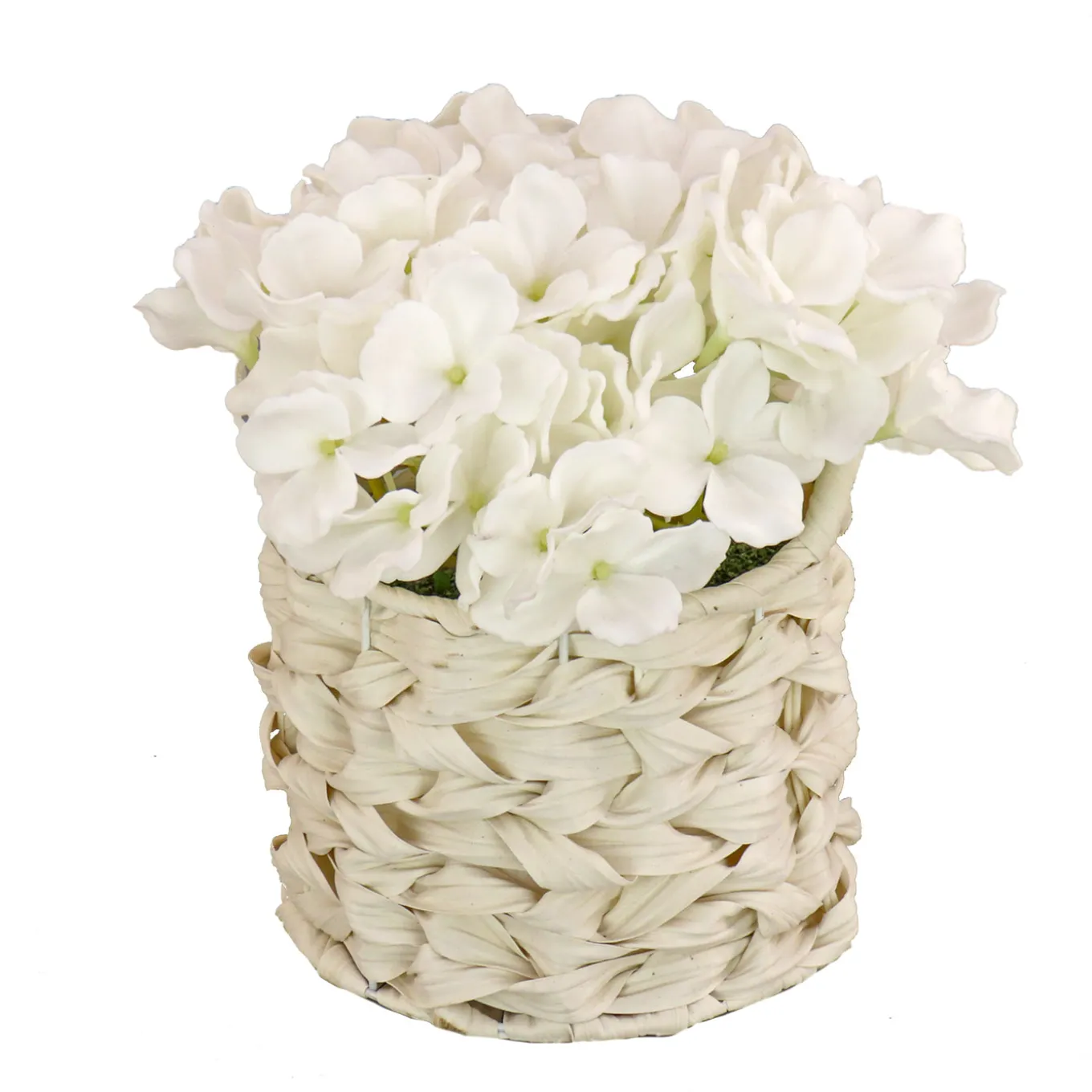 10 in. Spring White Hydrangea Bouquet in White Basket