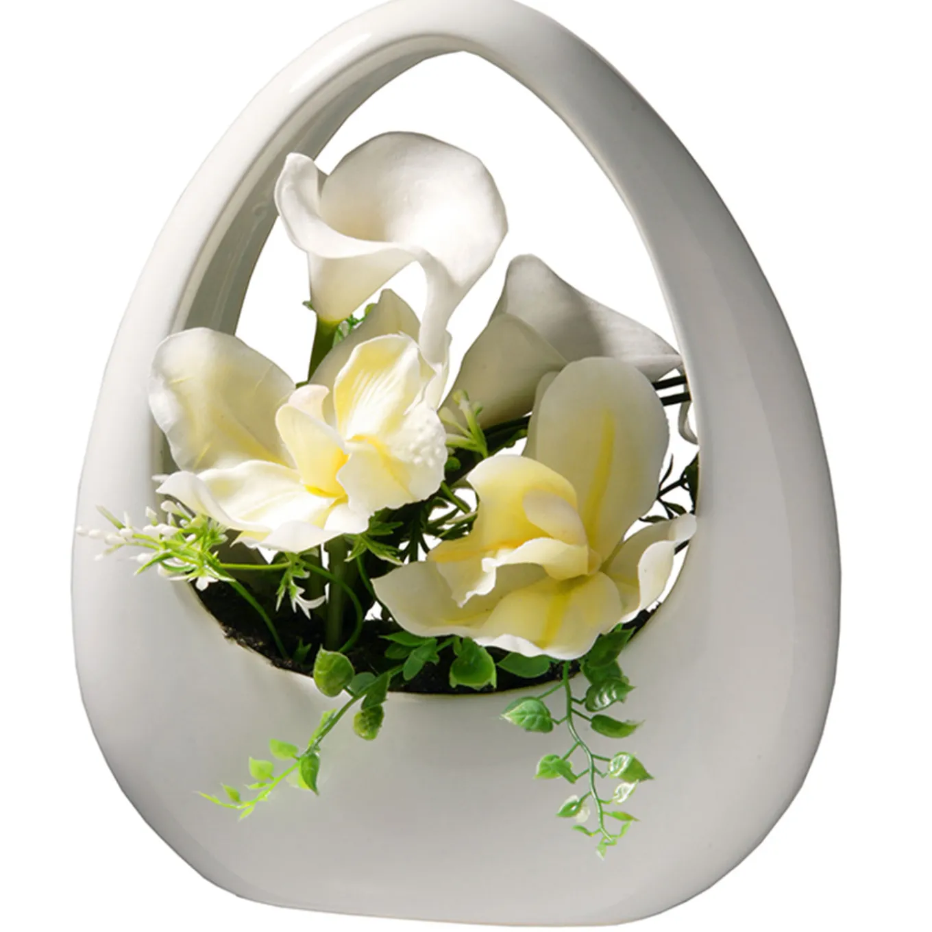 9 in. Spring White Lilies and Orchids Flower Pot