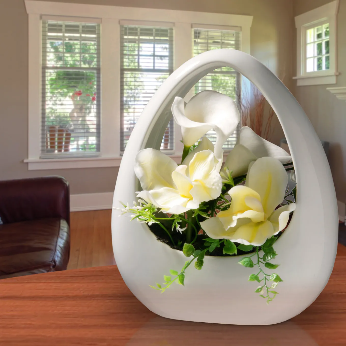 9 in. Spring White Lilies and Orchids Flower Pot