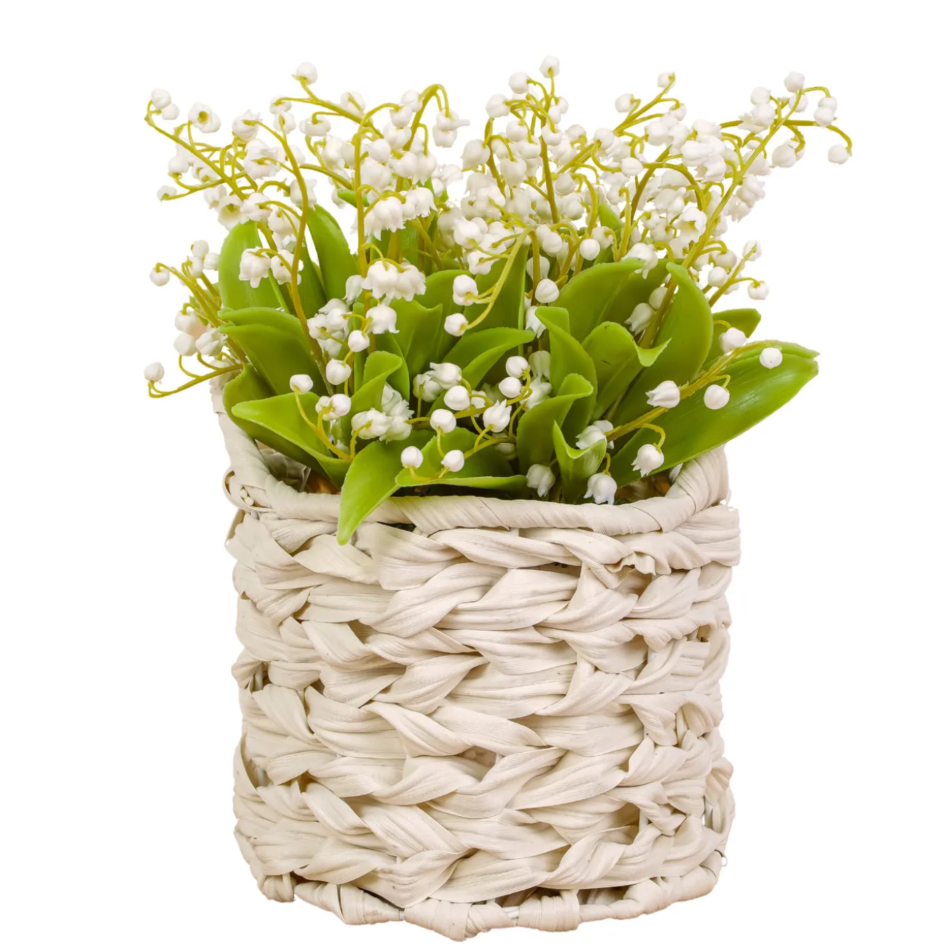 11 in. Spring White Lily-of-the-Valley Flowers in White Basket