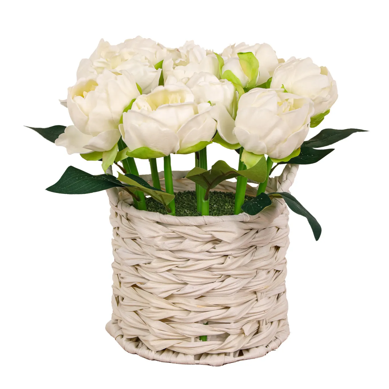 10 in. Spring White Peony Flower Bouquet in White Basket