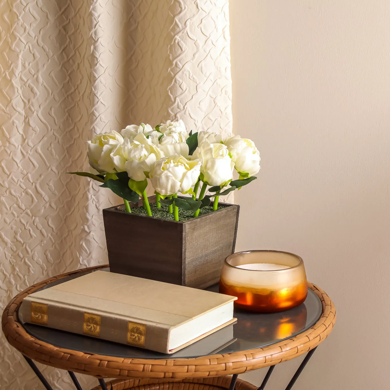 10 in. Spring White Peony Flowers in Wood Box