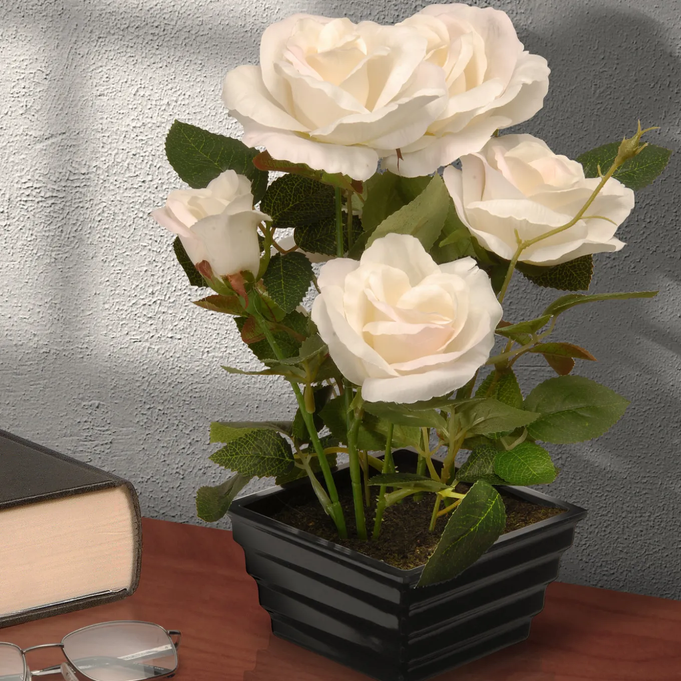 11 in. Spring White Roses Flower Potted Plant in a Black Base