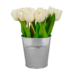 9 in. Spring White Tulip Bouquet in Metal Pot