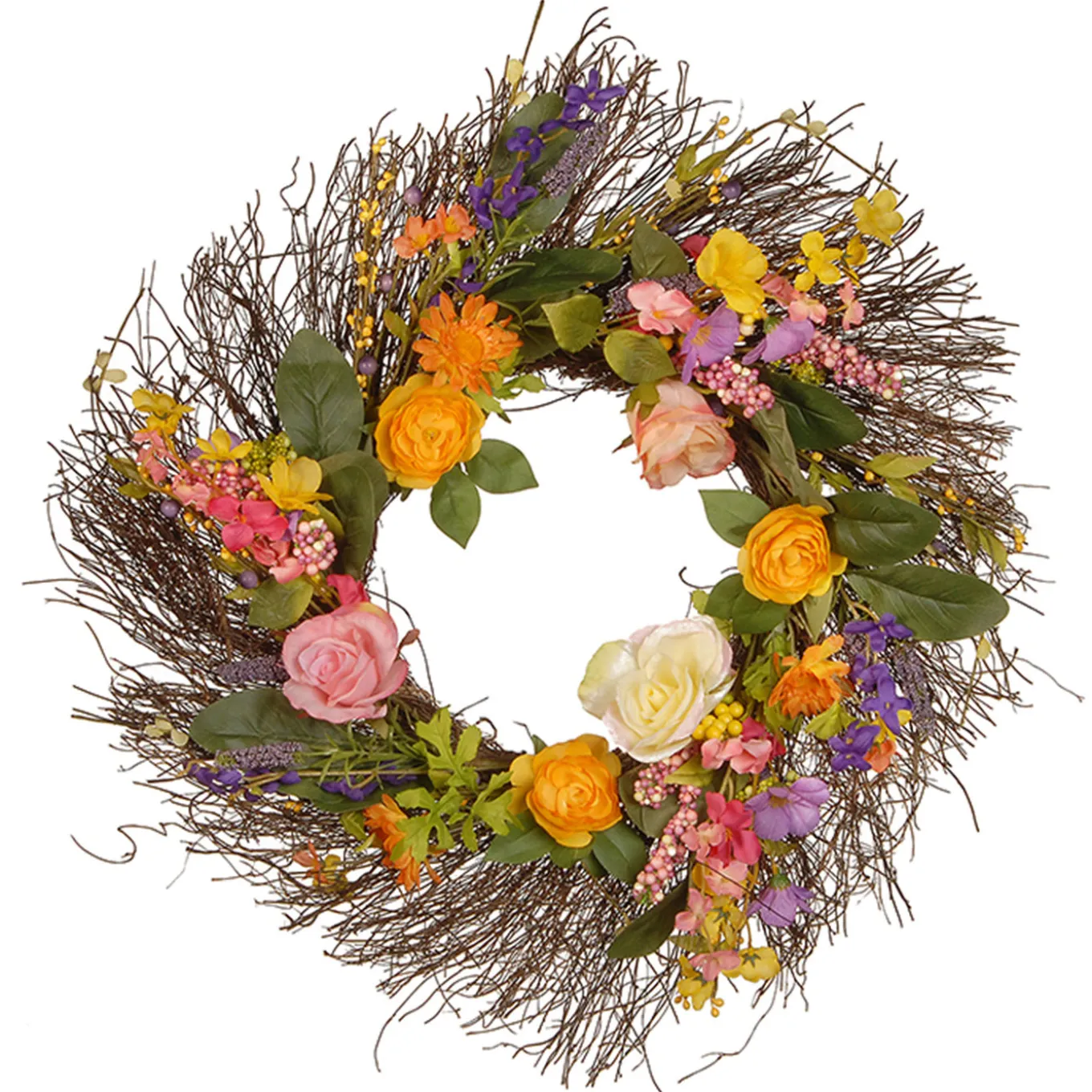 24 in. Spring Wildflower Wreath with Flower Blooms, Berry Clusters, Leaves