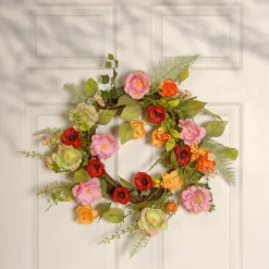 22 in. Spring Wreath with Assorted Flowers, Fern Fronds, and Leafy Greens