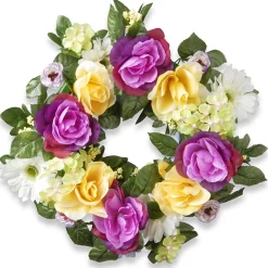 18 in. Spring Wreath with Colorful Daisies, Hydrangeas, Roses, Leafy Greens
