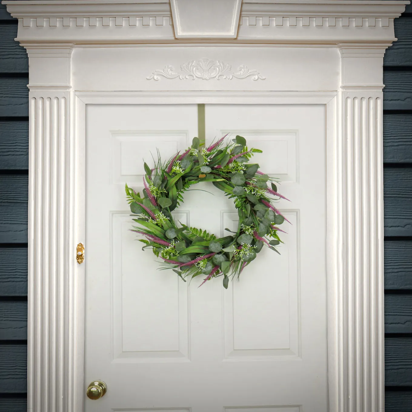 22 in. Spring Wreath with Eucalyptus Leaves, Lavender, Flowing Green Stems