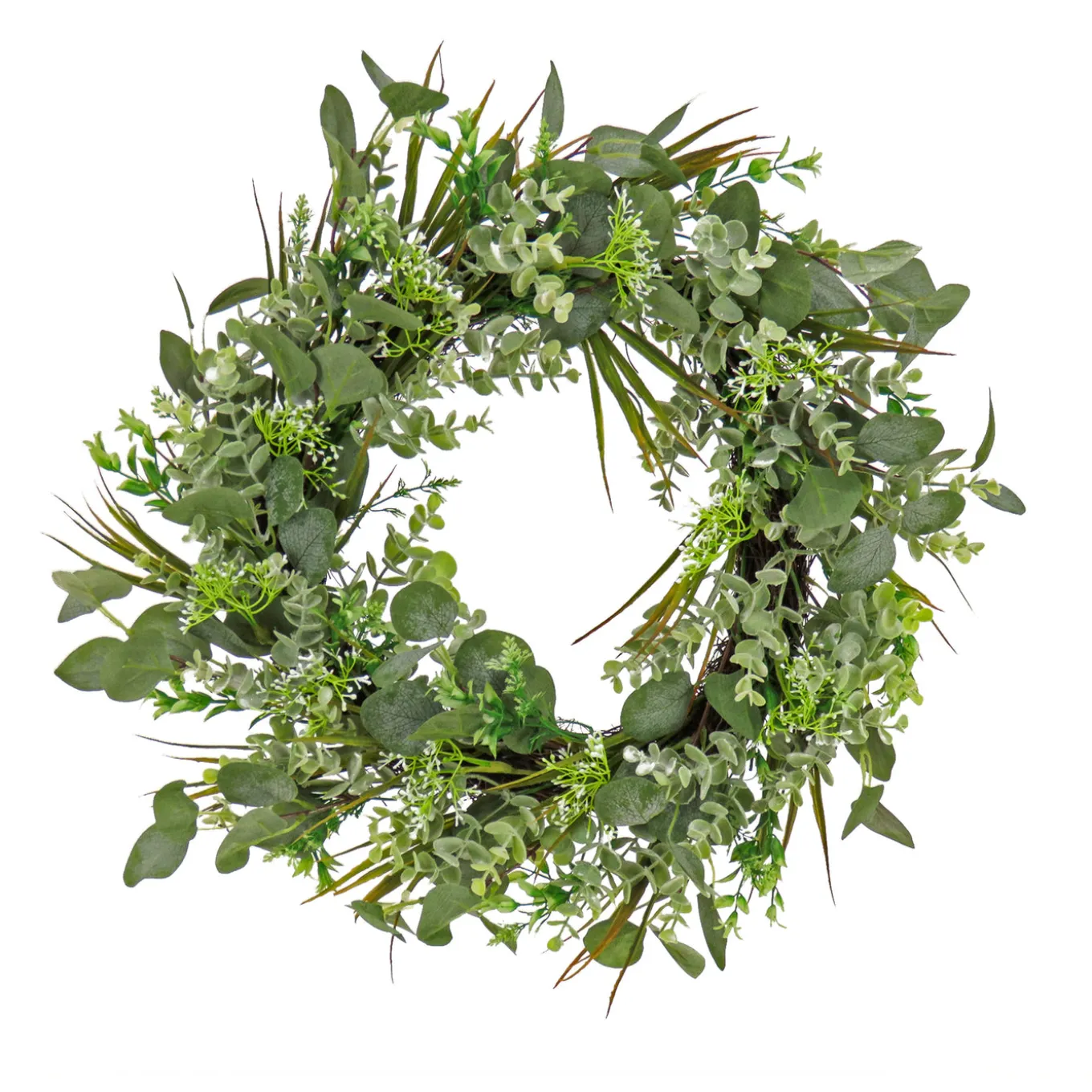 22 in. Spring Wreath with Eucalyptus Leaves, Flowing Green Stems