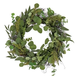 22 in. Spring Wreath with Eucalyptus Leaves, Baby's Breath, Flowing Green Stems