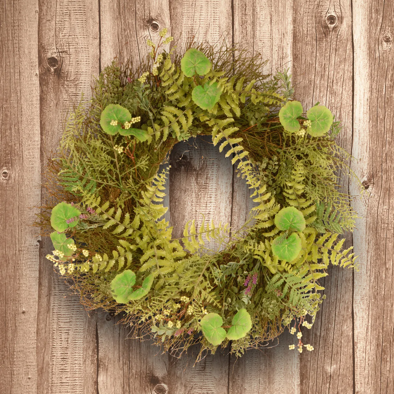 24 in. Spring Wreath with Fern Leaves, Lavender, Leafy Greens