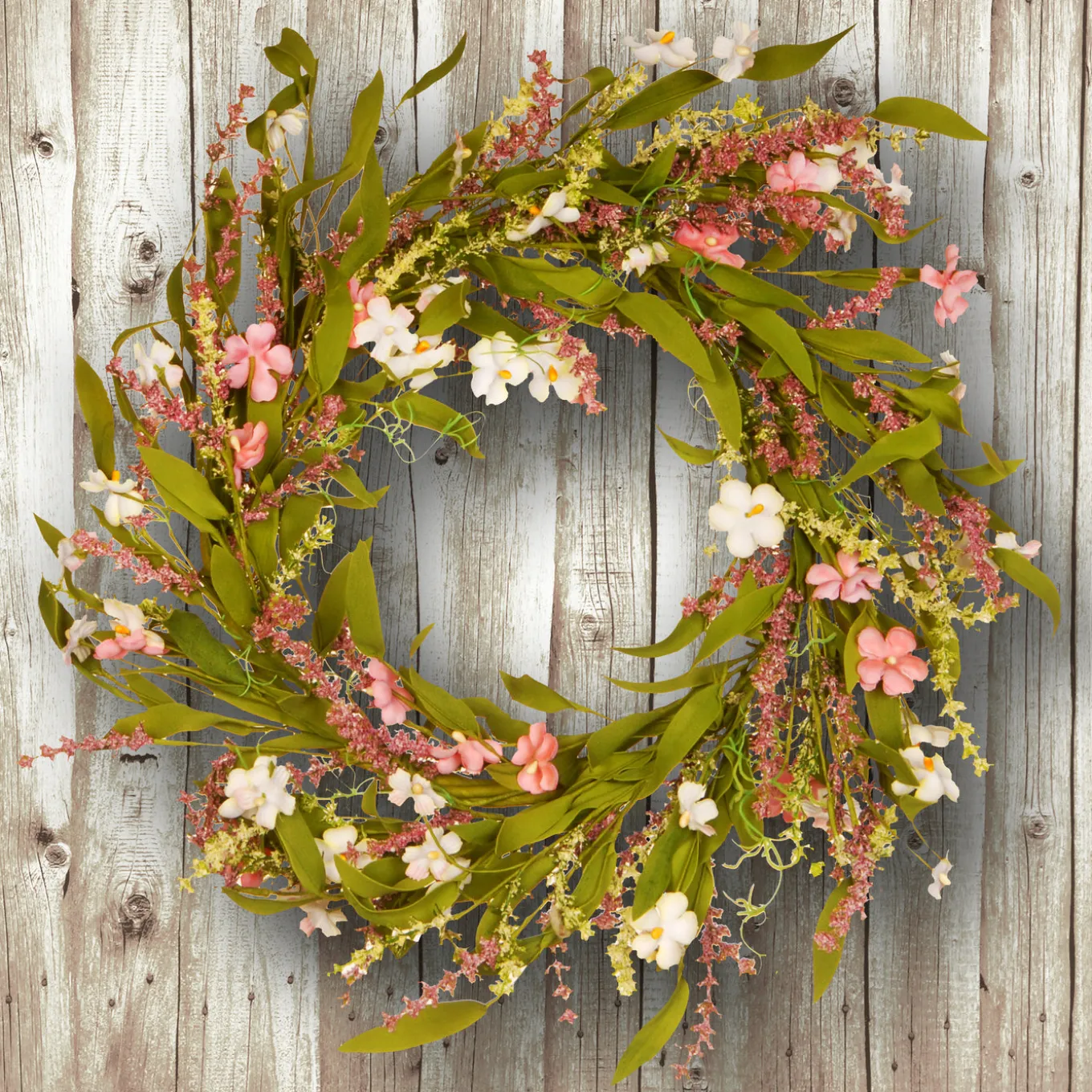 22 in. Spring Wreath with Flower Blooms, Seed Pods, Leafy Greens