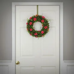 18 in. Spring Wreath with Green Assorted Flower Blooms, Seed Pods, Flowing Green Stems