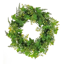 24 in. Spring Wreath with Ivy, Fern Leaves, Seed Pods, and Flowing Green Stems