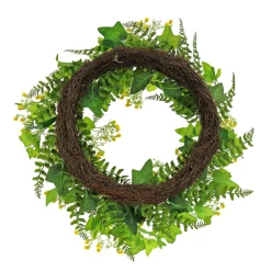 24 in. Spring Wreath with Ivy, Fern Leaves, Seed Pods, and Flowing Green Stems